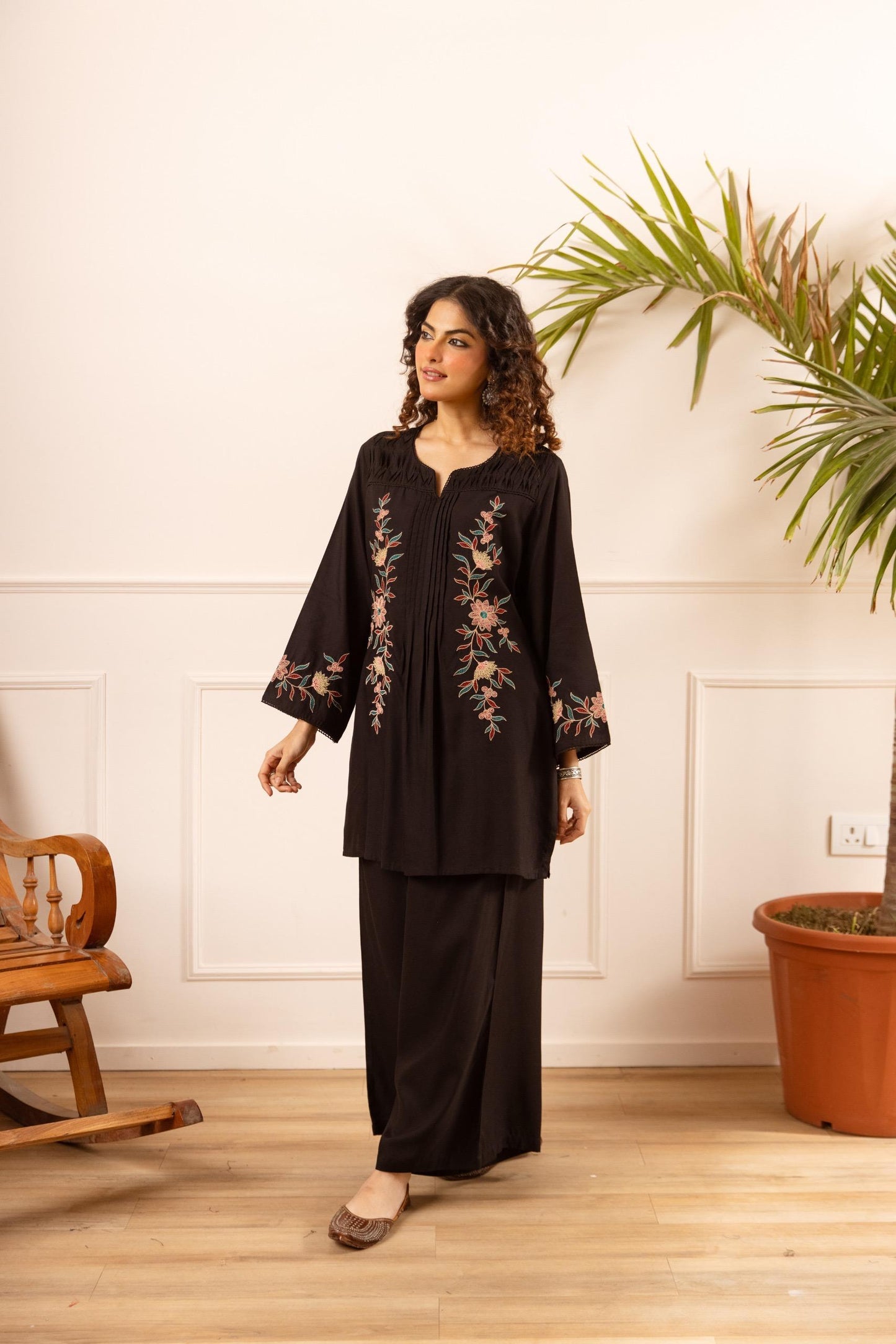 Black cotton modal fully embroidered two piece cordset (B157)