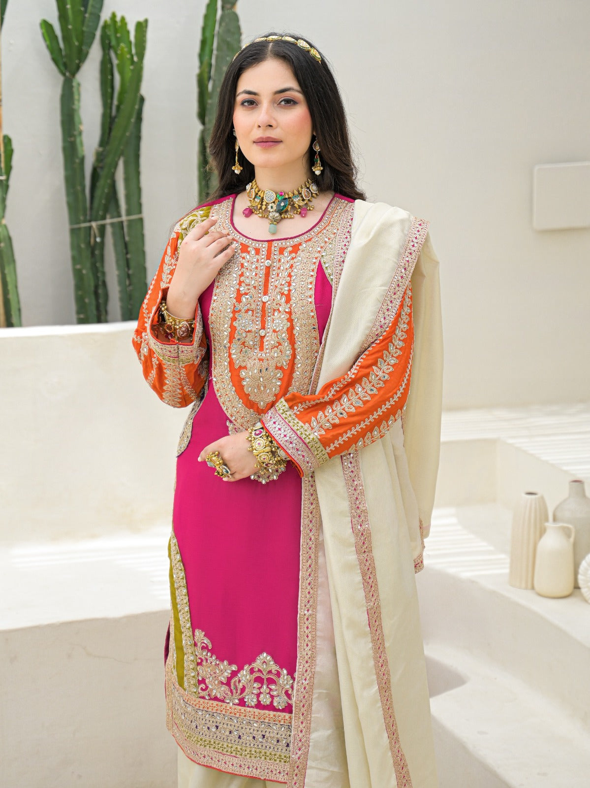 Pure chinnon full work pink based three piece set (A931)
