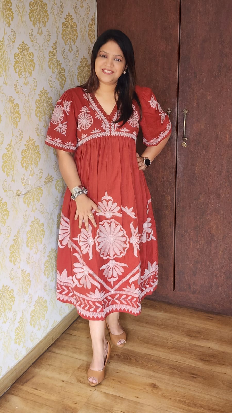 Rust handloom cotton full thread work designer boho dress (P1496)