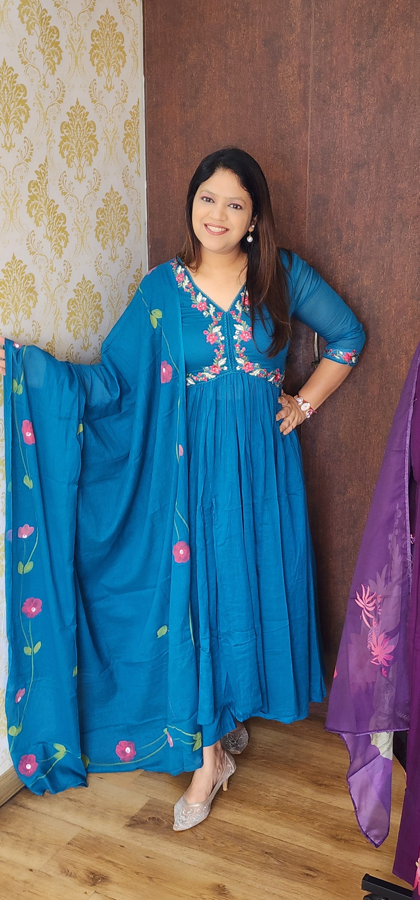 Blue aliya with brush dupatta three piece set (P852)