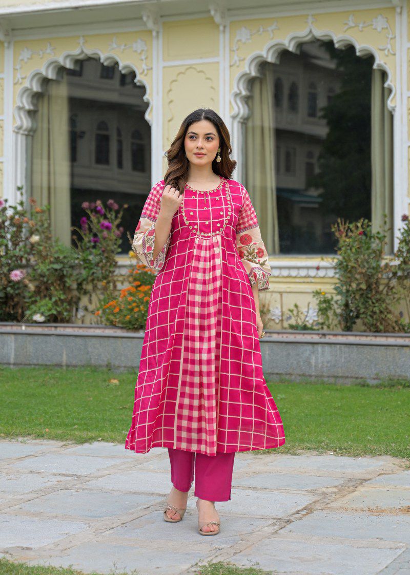 Pink mul cotton with lining A line pattern smart two piece set (S134)