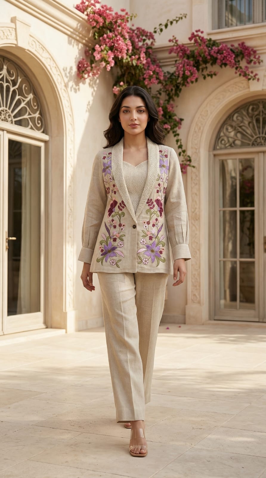Smart jute linen fully embroidered with jute inner three piece set (B528)