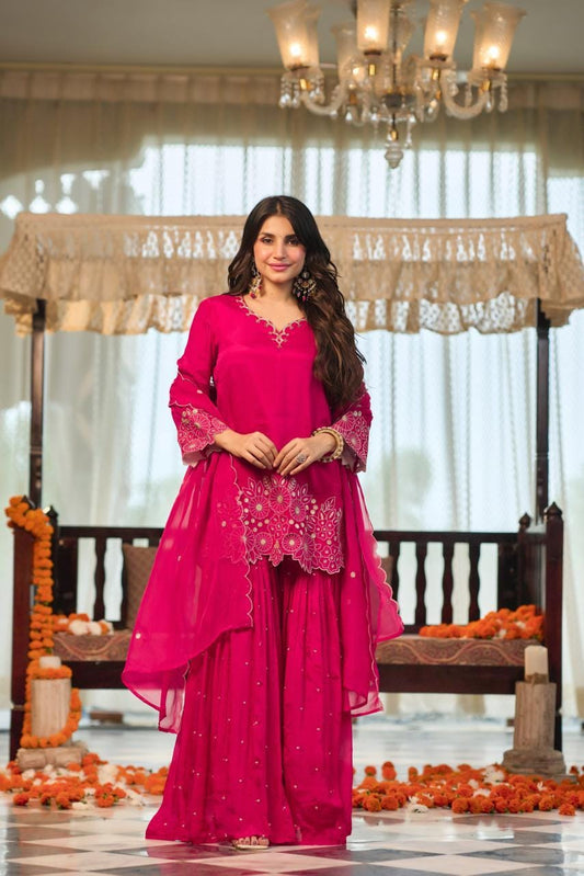 Pure chinnon with sharara designer three piece set (S280)