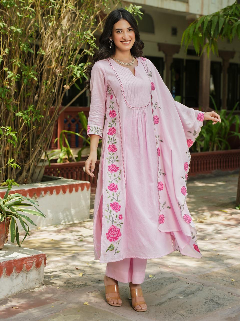 Pink dobby cotton with lining and full thread work three piece set (P663)