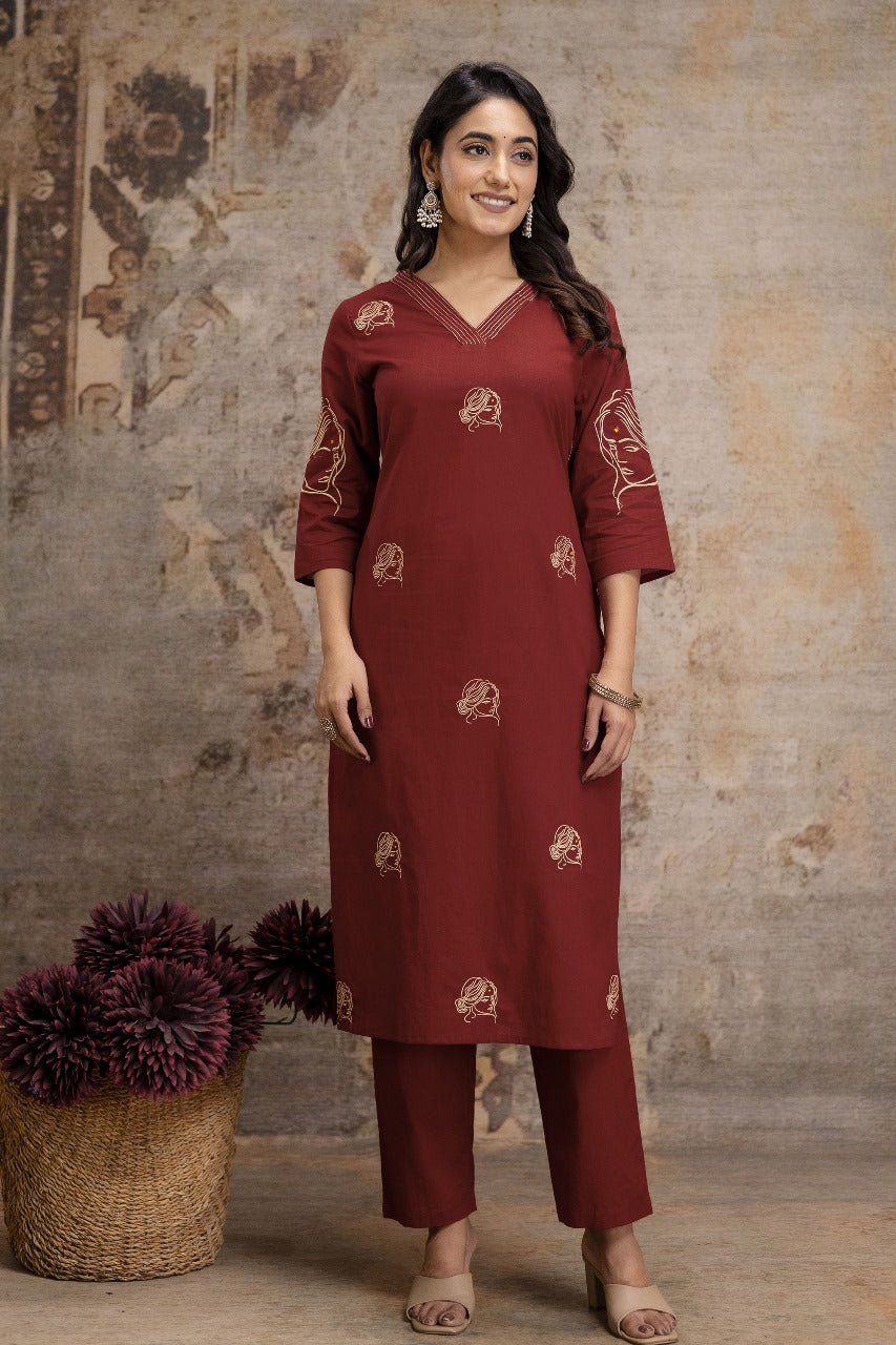 Pure cotton mahroon colour with embroidery three piece set (A1262)
