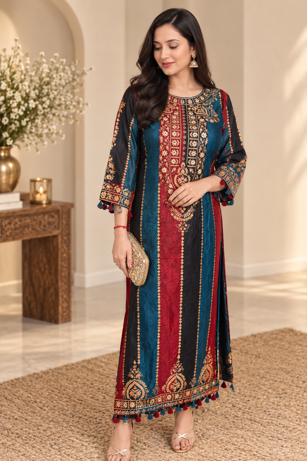 Pure crape with lining pheran pattern smart two piece cordset length 54 inch (C742)