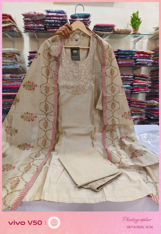 Champion gold pure chanderi silk with block print dupatta three piece set (A664)