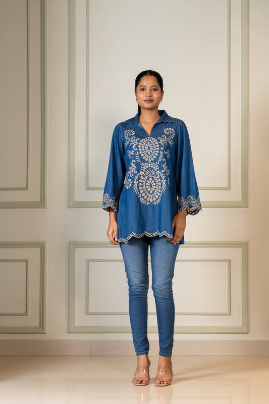 Blue denim fully embroidered top (A1154)