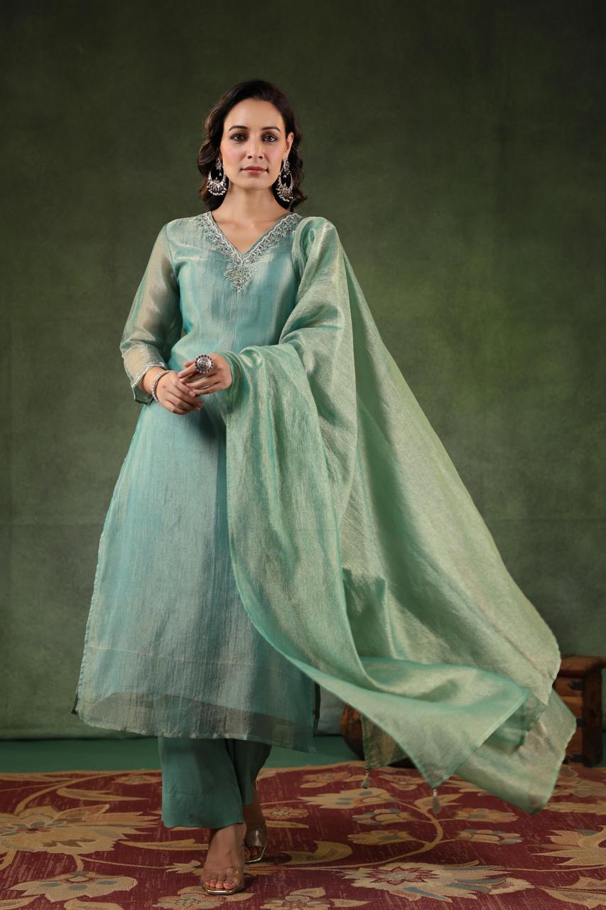 Sea green pure crsuh tissue with hand work on neck line three piece set (P925)