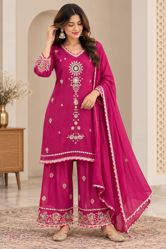Rani pink colour Pure mul chanderi with farshi salwar three piece set (S430)