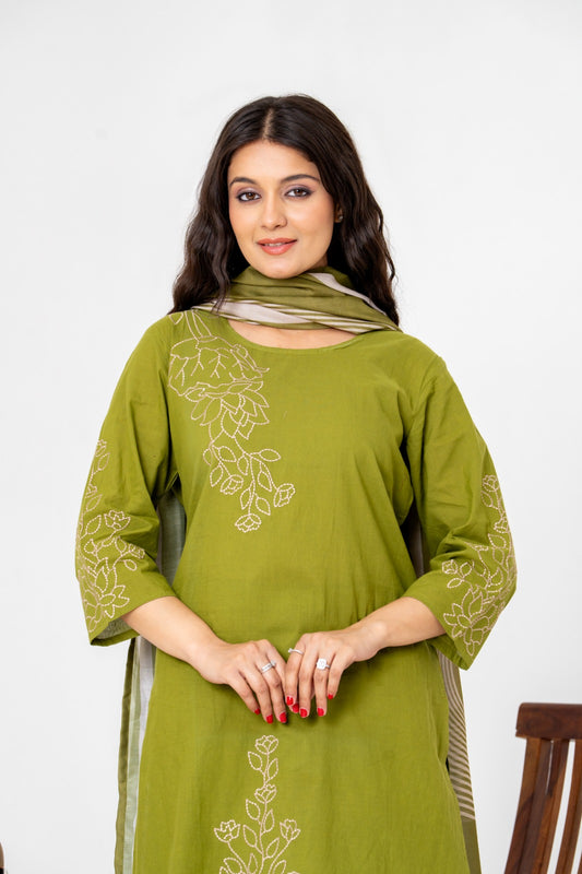Olive green with mul silk dupatta three piece set (A185)