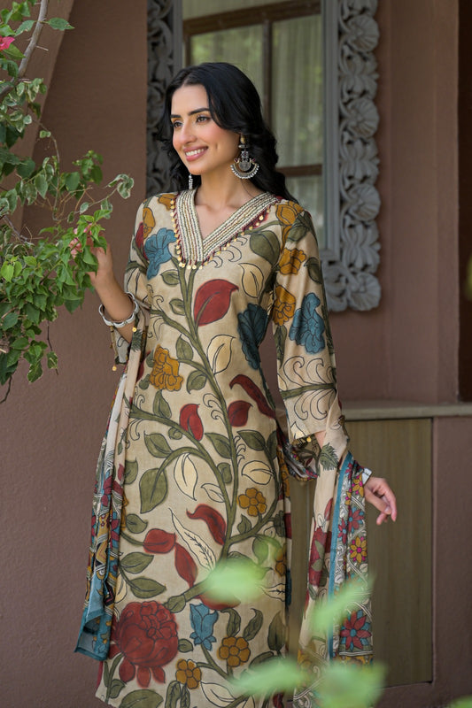 Pure silk kalamkari print with mul lining three piece set (B983)