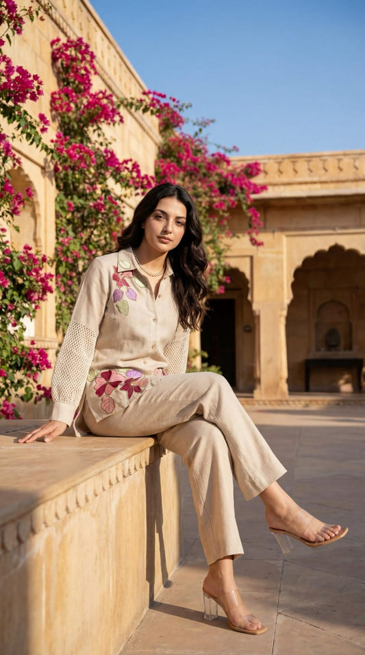 Jute with lining full applique work two piece cordset (B151)