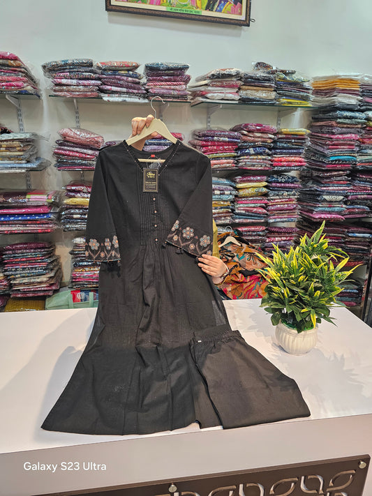 Black Handloom cotton solid color two piece set (P1377)