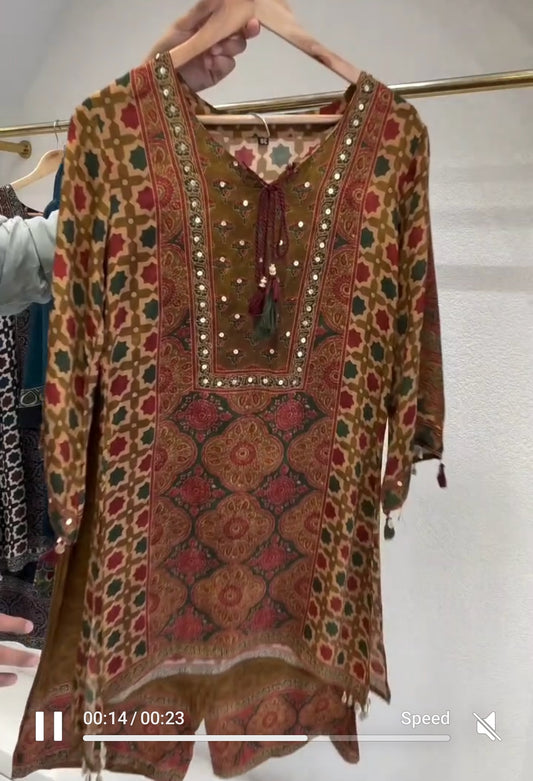 Pure crape Ajrakh print smart two piece cordset (B458)