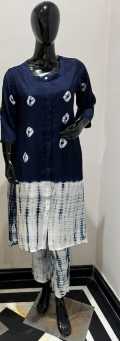 Blue mul silk with shibori print two piece cordset (A252)