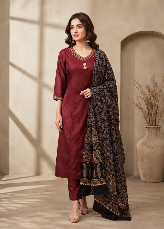 Pure cotton A line pattern kutch work on pocket with Ajrakh dupatta three piece set (B817)