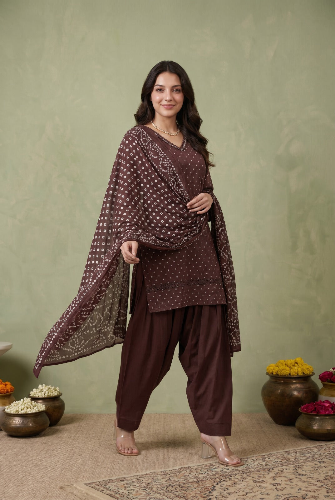 Pure cotton bandani print with farshi salwar smart three piece set (S171)