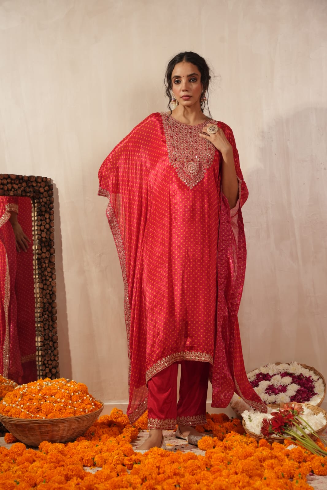 Bright red pure crape with real mirror two piece kaftan set (P900)