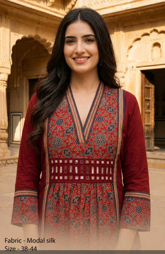 Red pretty soft modal silk ajrakh real mirror dress with pockets (loose fit) (C161)