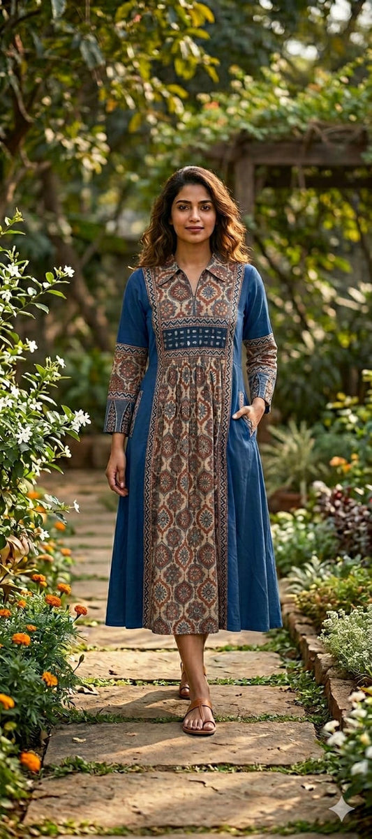 Handloom cotton Ajrakh print smart one piece dress length 47 inch (B224)