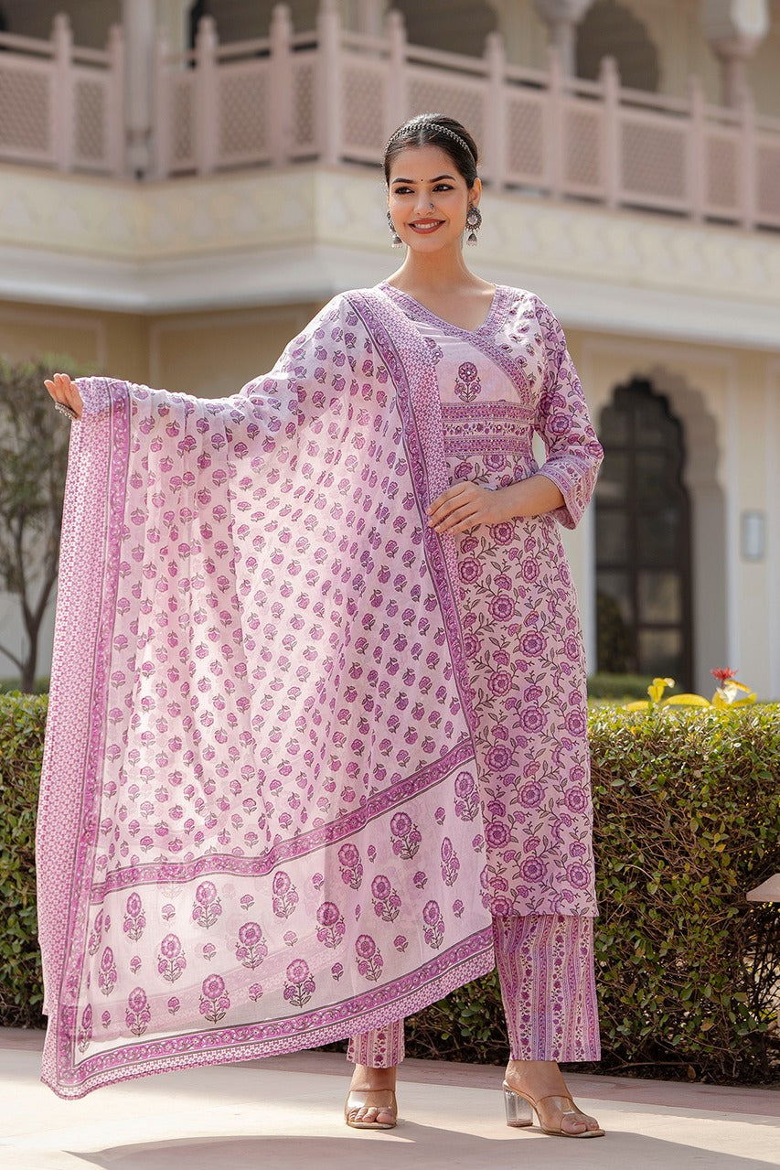 Lilac colour pure cotton mugal print three piece set (P2172)