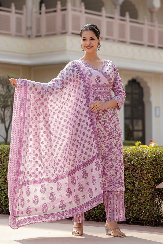 Lilac colour pure cotton mugal print three piece set (P2172)