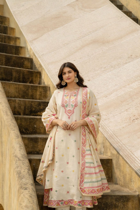 Pure jamdani with lining designer three piece set (A1787)