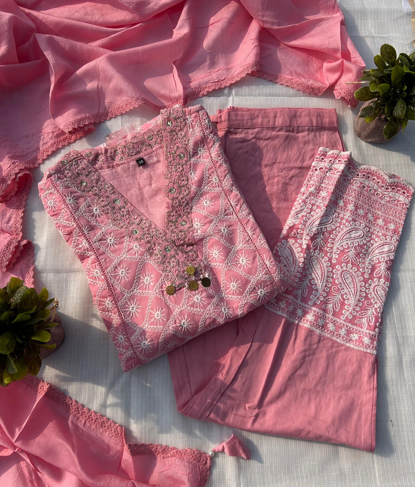 Pink pure chikankari thread work three piece set with lining (P1401)