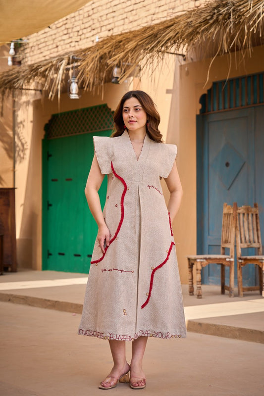 Smart jute linen with lining one piece dress (B423)