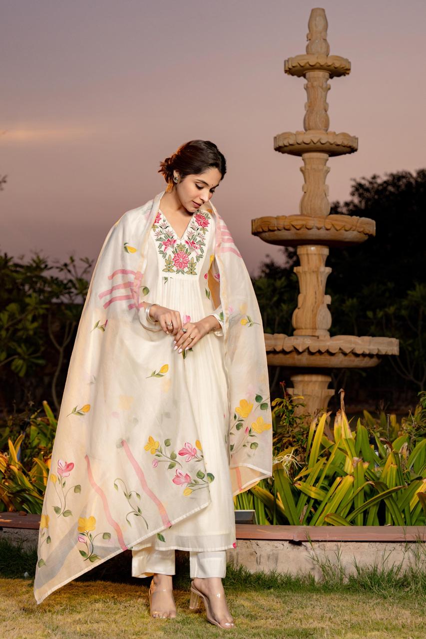 White pure mul chanderi with full thread embroidery on neck line designer three piece set (P1896)