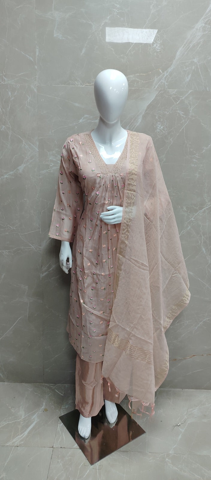 Banarsi mul chanderi with hand work three piece set (S192)