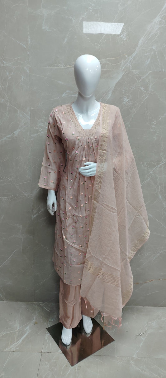 Banarsi mul chanderi with hand work three piece set (S192)