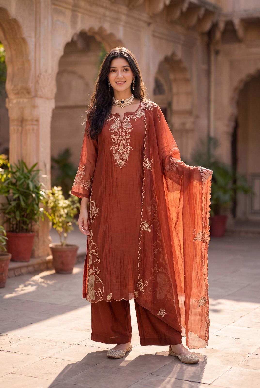 Pure banarasi mul chanderi with full thread work three piece set (S338)