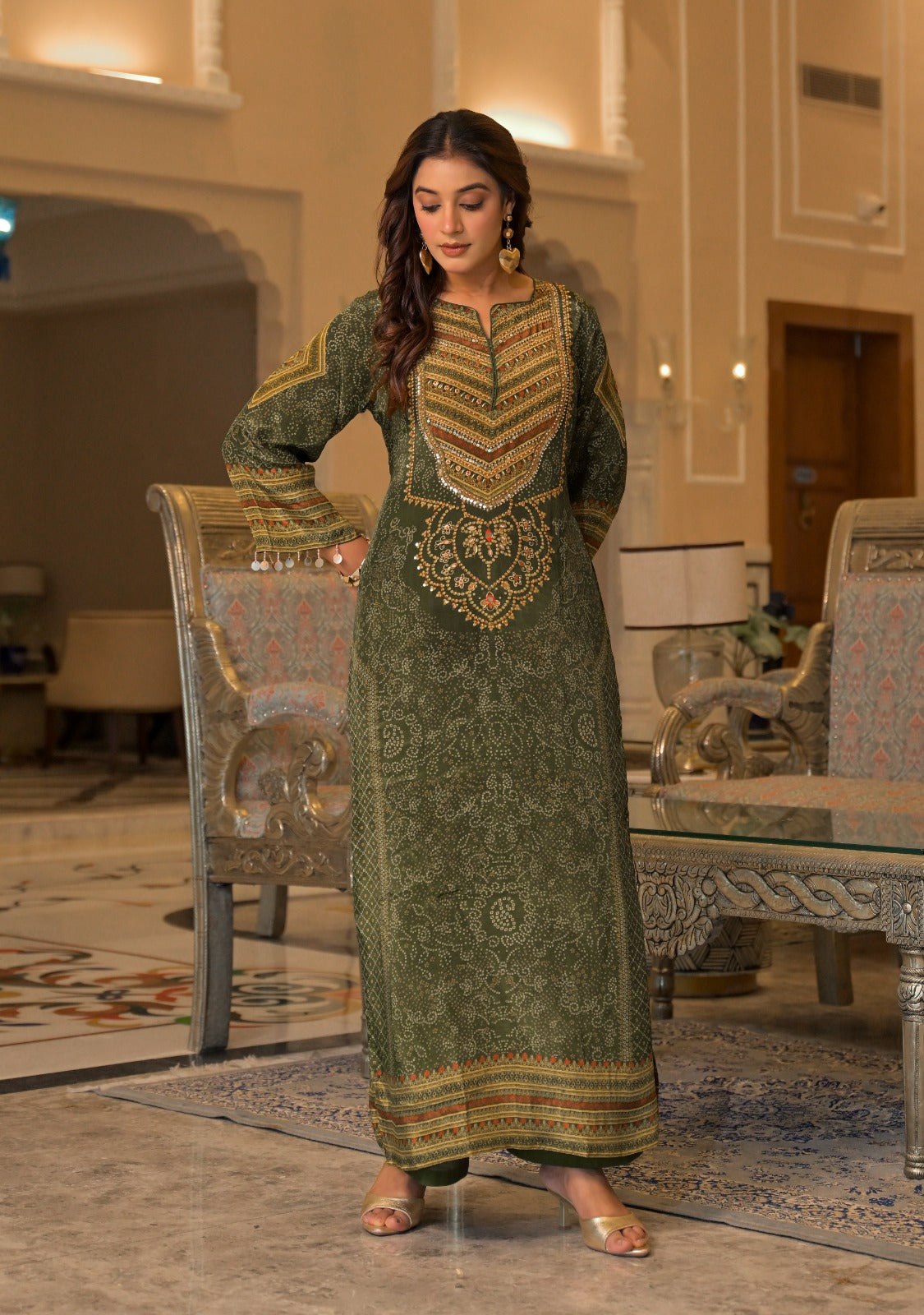 Natural crape with lining pakistani pattern two piece cordset length 54 inch (S306)