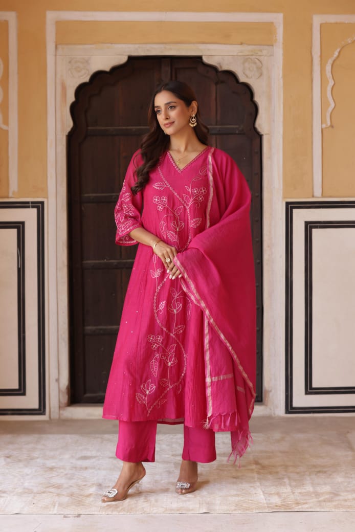 Bright pink pure mul chanderi A line with hand work three piece set (P1413)