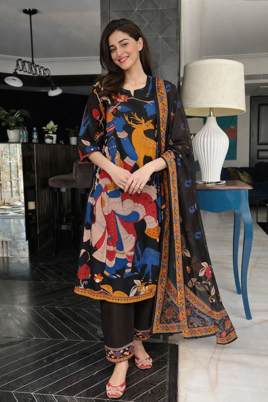 Black pure cotton kalamkari print three piece set (A1597)