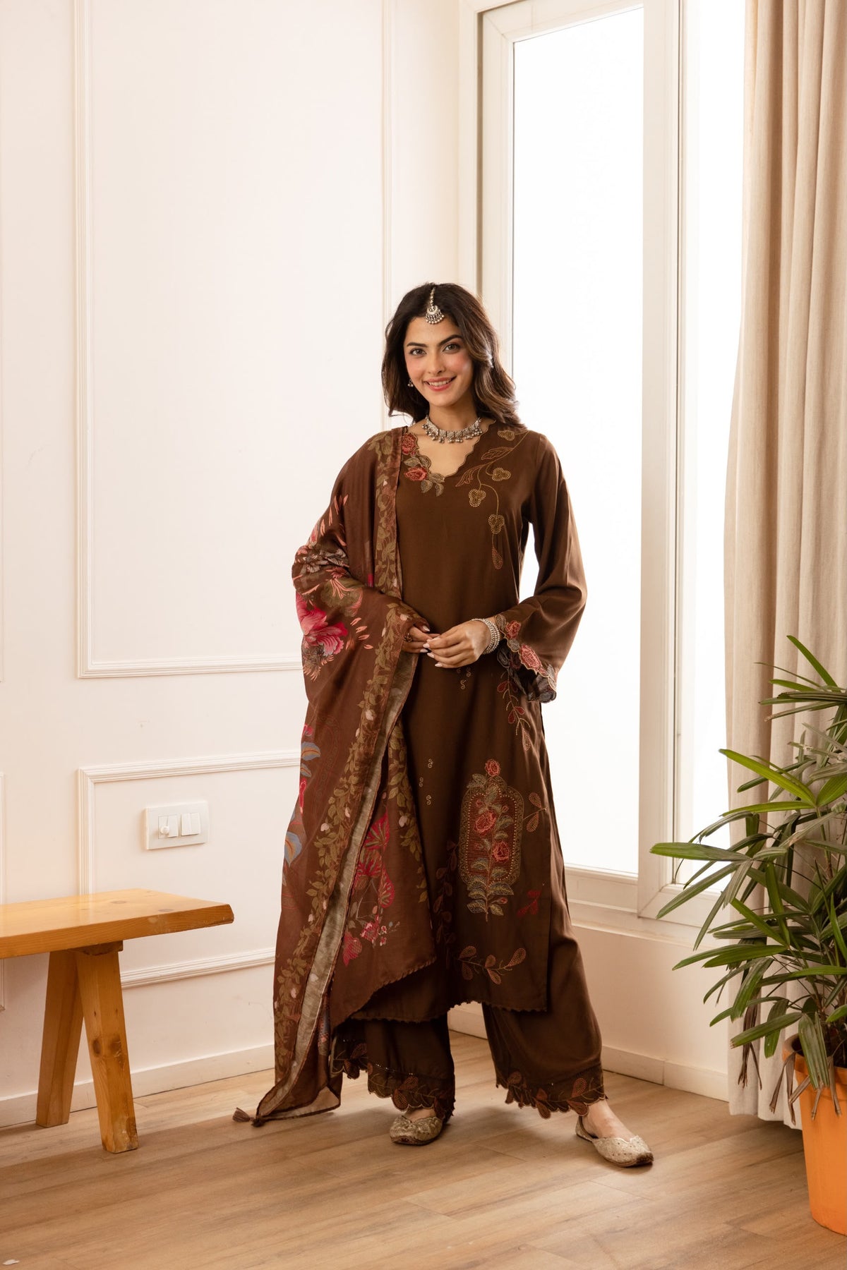 Cotton modal fully embroidered with printed dupatta three piece set (C801)