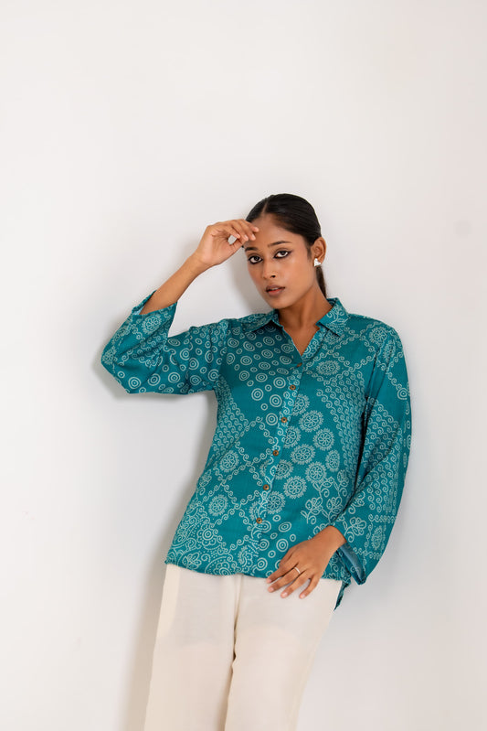 Firoji blue bandani pure crape silk shirt (A678)