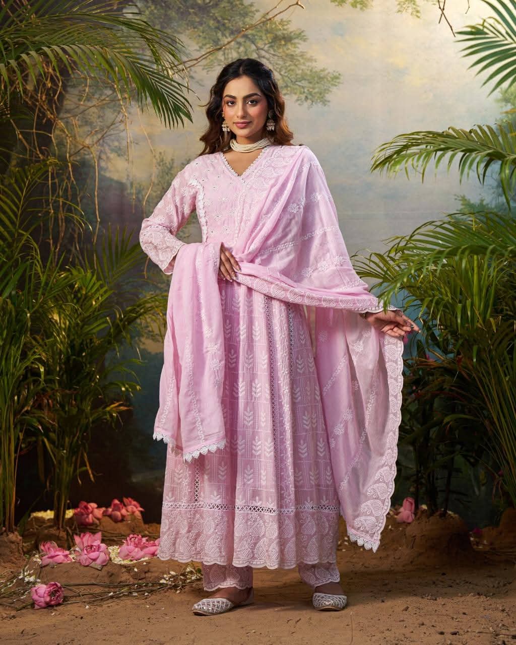 Pink pure cotton fully chikankari anarkali (A842)