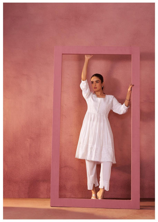 White chikankari top with pant two piece cordset (P2228)