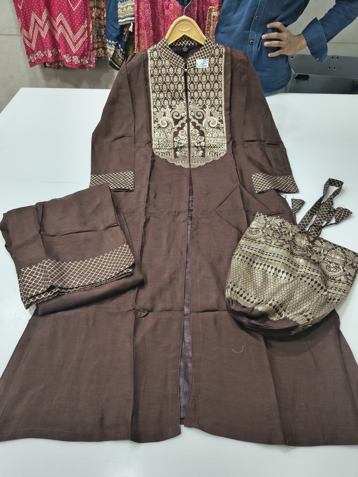 Dola silk with weaved zari work smart two piece set and complimentary potli (C477)
