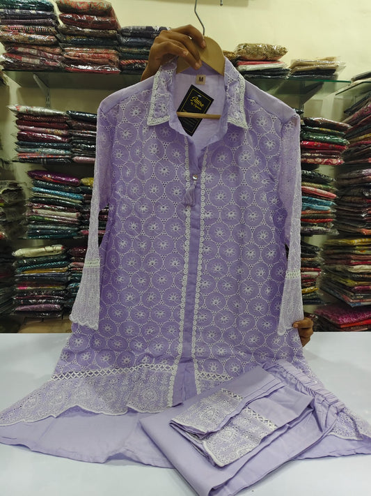 Lilac chikankari mul cotton stylish two piece cordset (P2316)