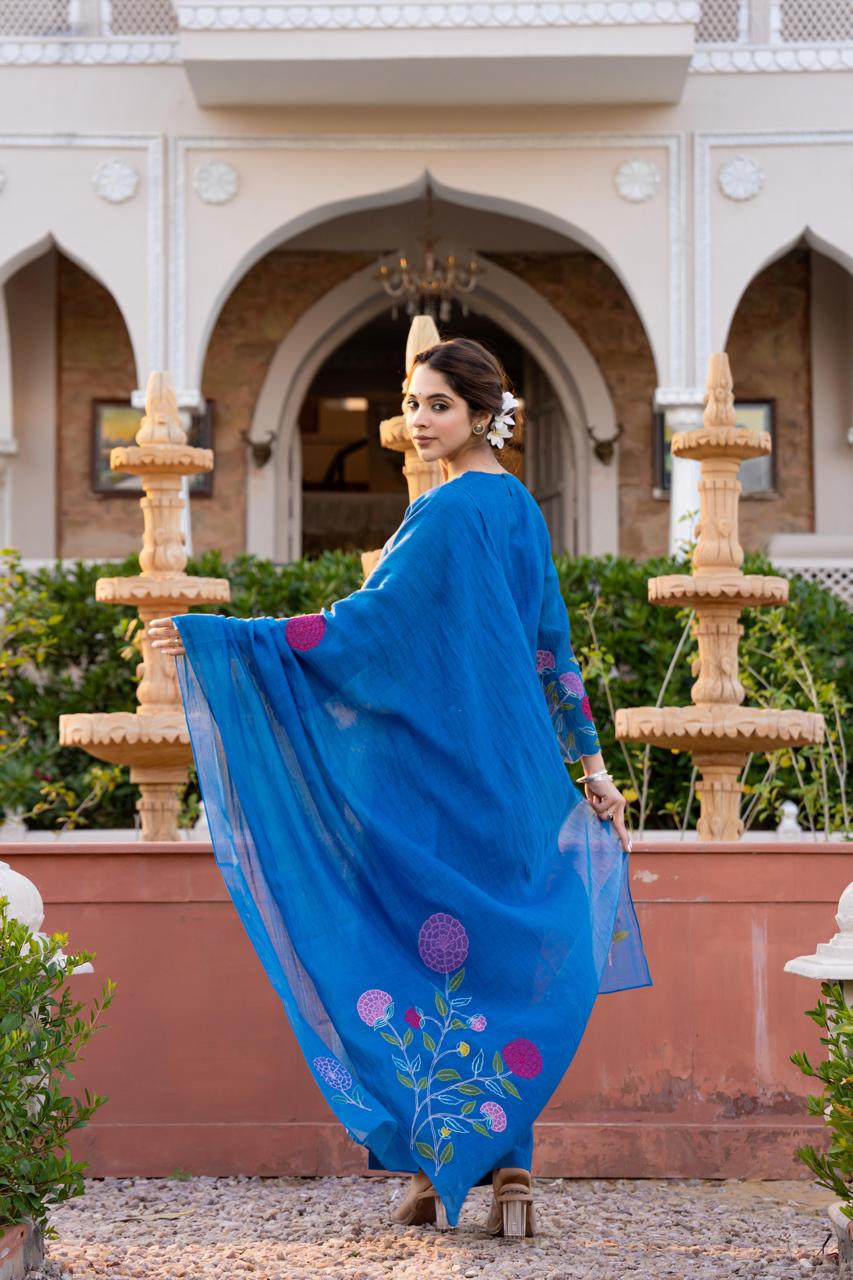 Royal blue pure mul chanderi with mul lining full thread work pakistani sleeves three piece set (P2163)