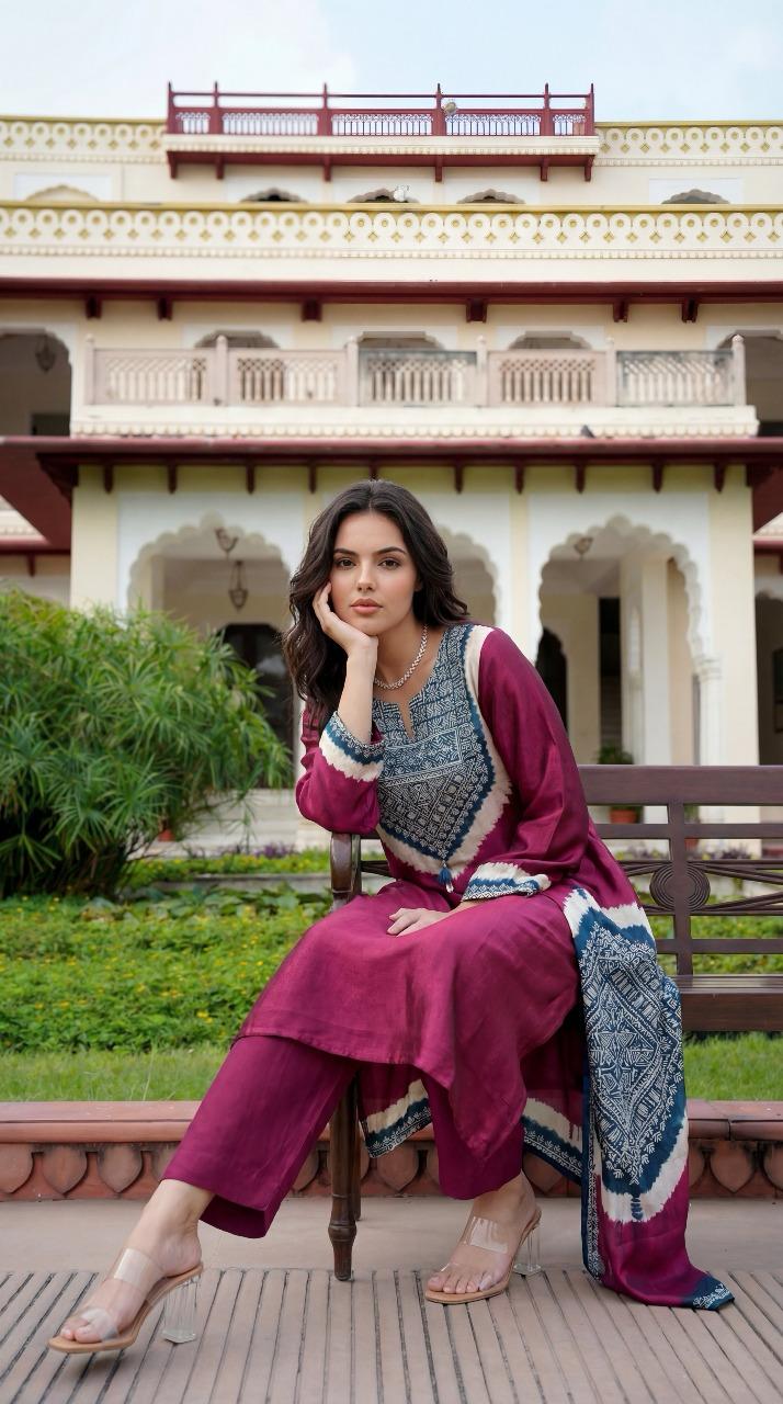 Pure gaji silk with mul lining designer three piece set (A1365)