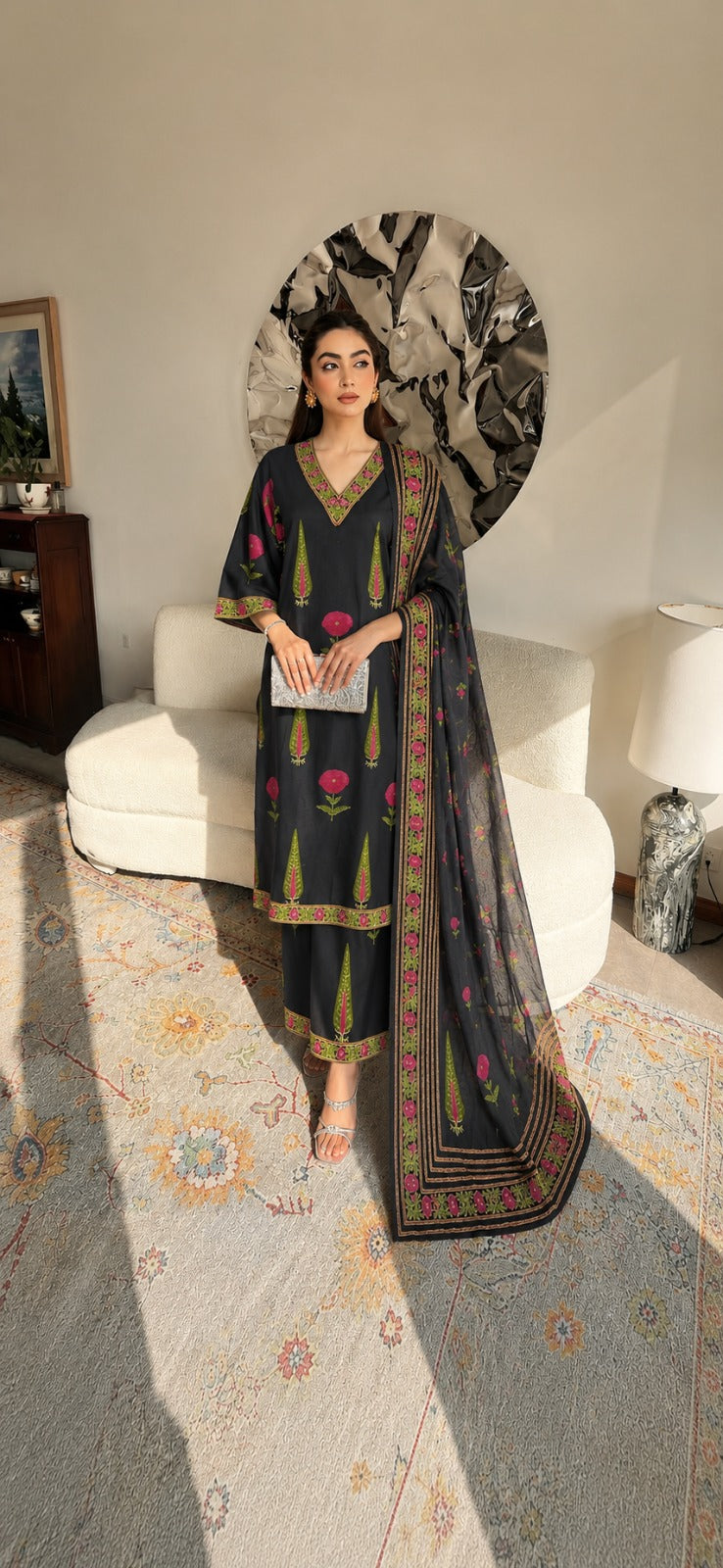 Mugal butta pure cotton three piece set (B1021)