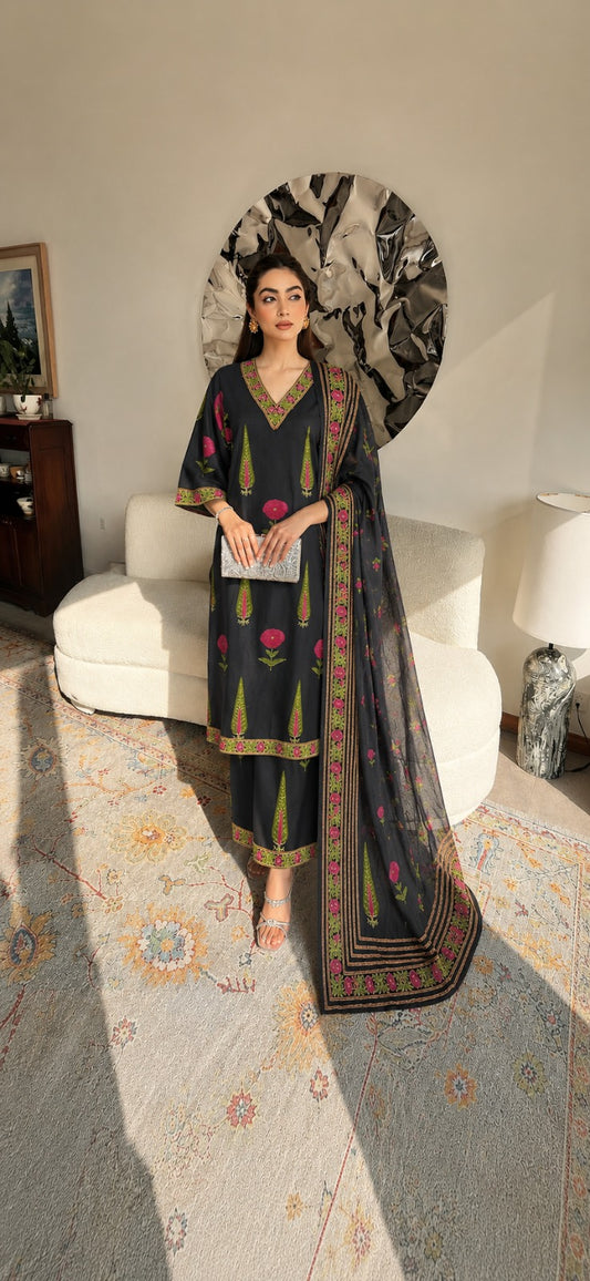 Mugal butta pure cotton three piece set (B1021)