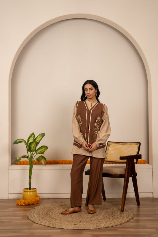 Brown with ivory pure muslin with thread work three piece cordset (A1325)