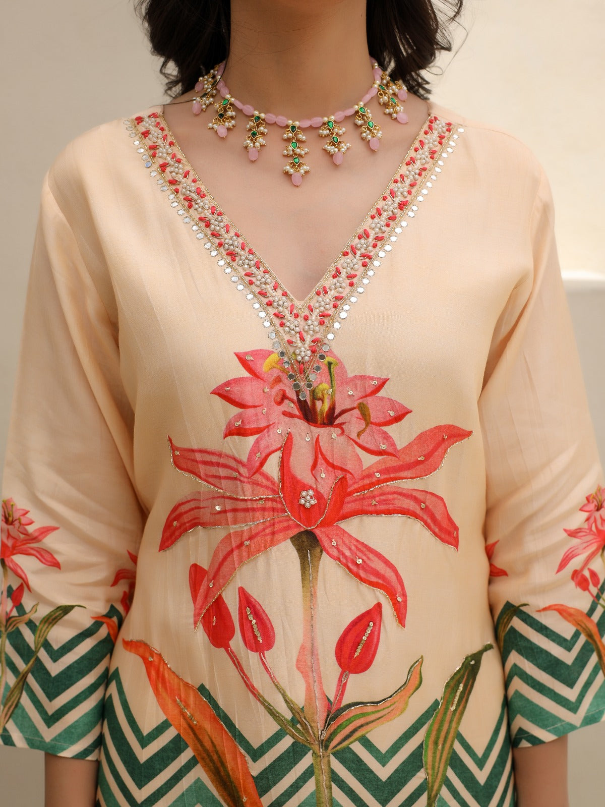 Peach with green pure silk with lining digital print(P116)