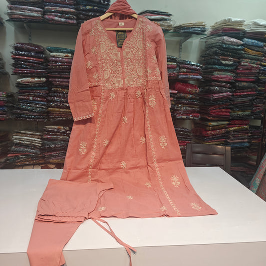 Light onion pink A line with lining fully chikankari three piece set (P2253)